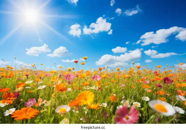 Field of flowers under a bright blue sky