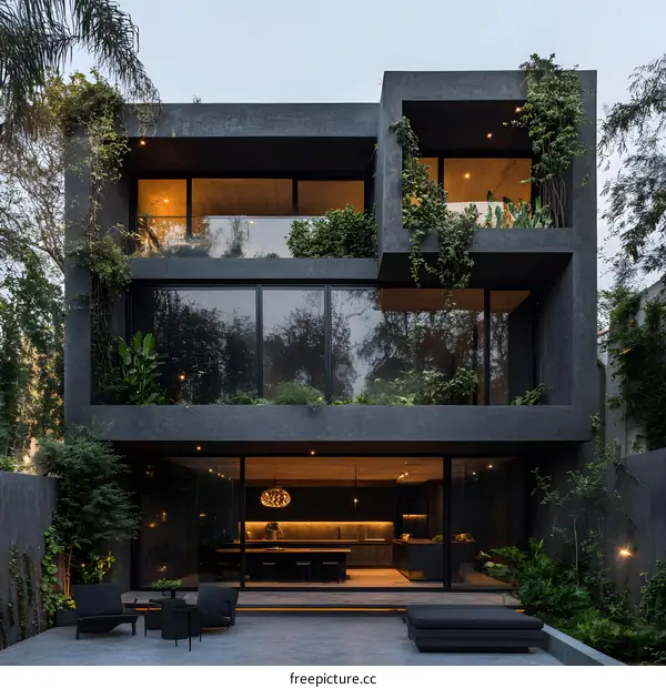 Modern Black Concrete House with Garden