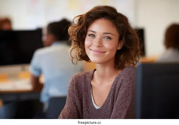 Smiling Woman in Modern Office Setting