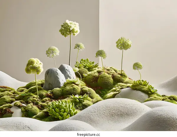 Minimalist Green Landscape with Succulents and Flowers