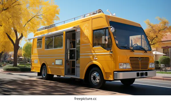 Yellow food truck parked on a street with yellow trees in the background