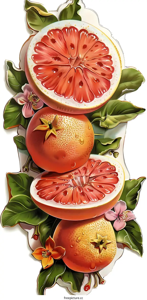 Vintage Illustration Of Grapefruit With Flowers And Leaves