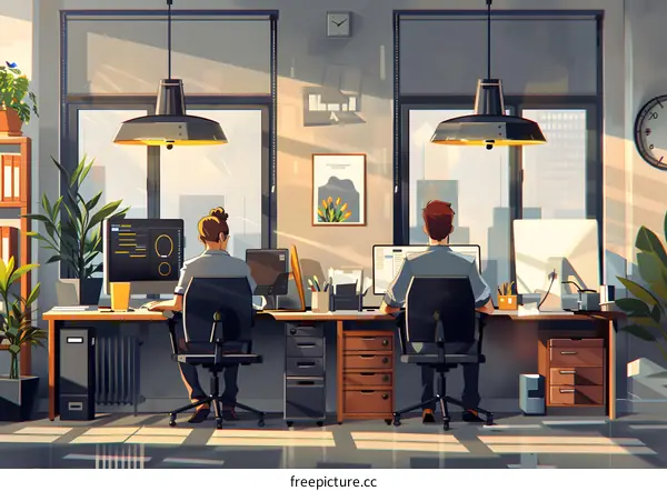 Two business people working together in a modern office