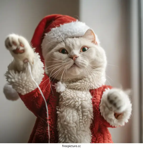 A cute white cat wearing a red Santa hat and a white beard