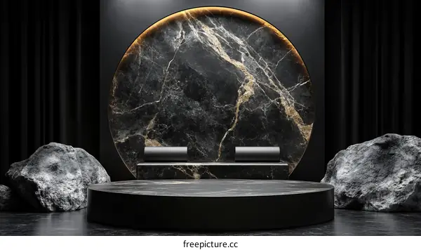 Dark Marble Platform with Rocks Display