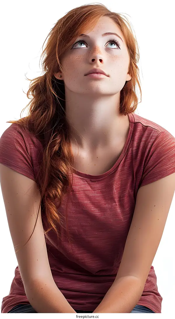 Portrait of Young Woman with Red Hair Looking Up