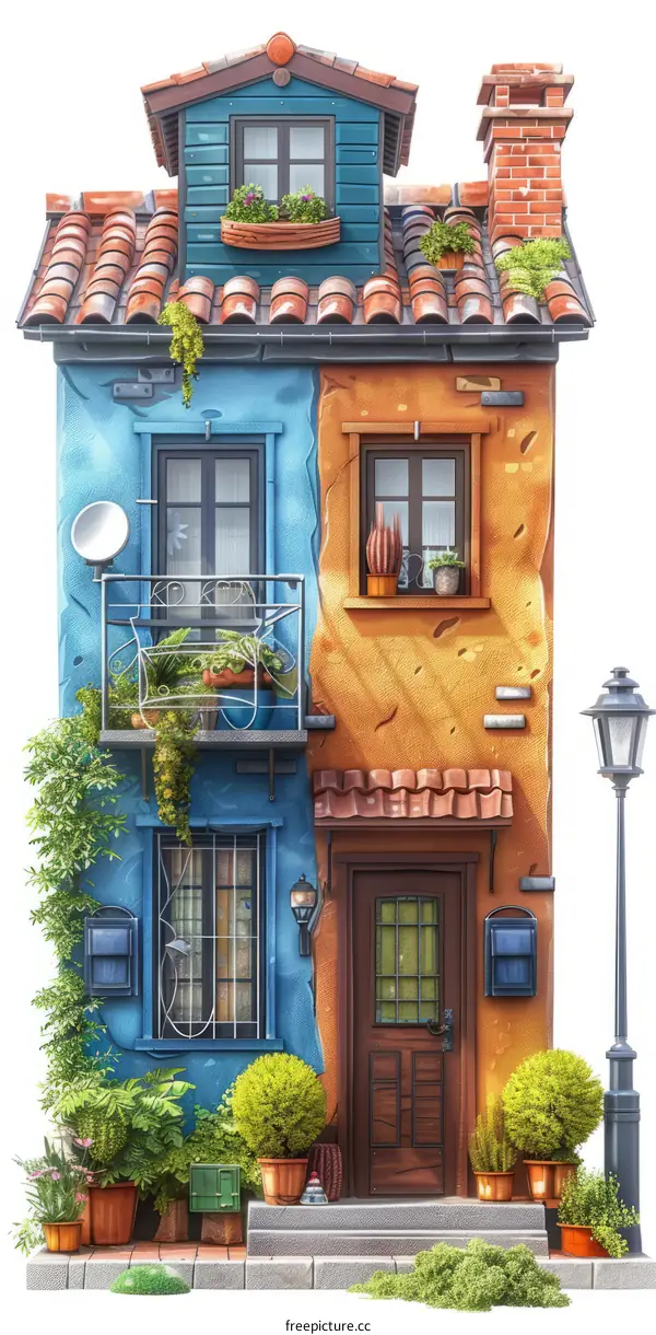 Two-Story European House with Blue and Brown Facade