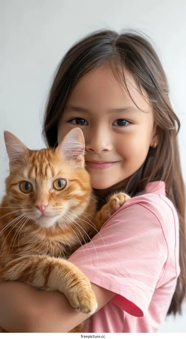 A young girl is hugging an orange cat