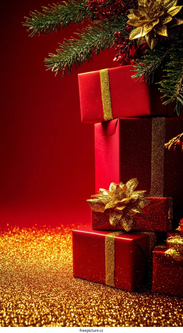 Stacked Christmas Presents on Sparkling Background