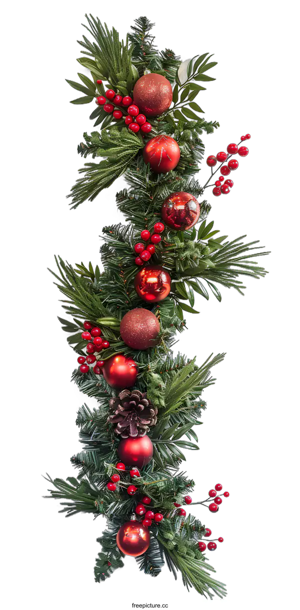 [Transparent Background PNG]Red Christmas Ornaments and Holly Sprig Garland