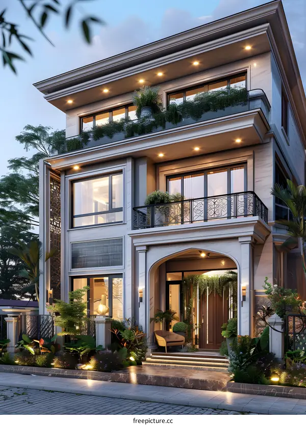 The magnificent entrance of a luxurious house with a beautiful garden