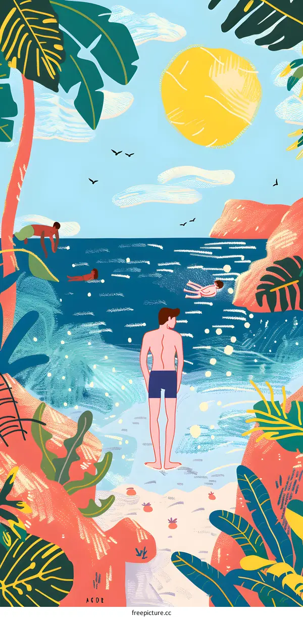 Summer Beach Scene with Man and Ocean