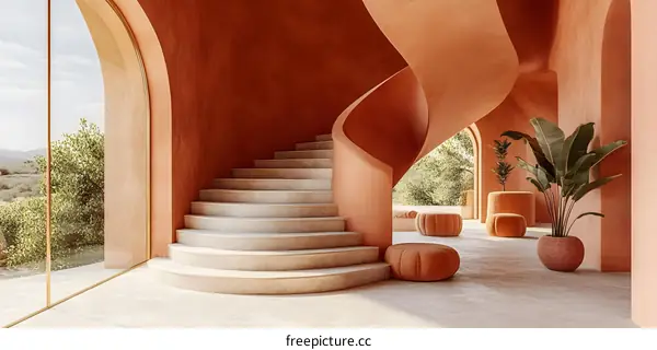 Modern Staircase Design in an Interior With Curved Walls and a View of Nature