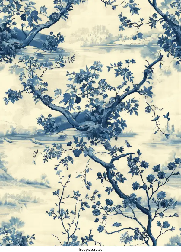Blue and white chinoiserie pattern with birds and flowers