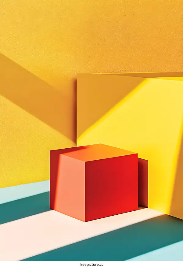 Red Cube in Yellow and Blue Background with Shadows