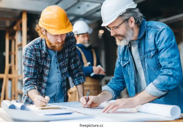 Construction Workers Reviewing Building Plans