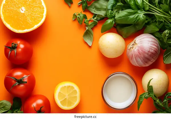 Fresh Ingredients for a Delicious Meal on Orange Background