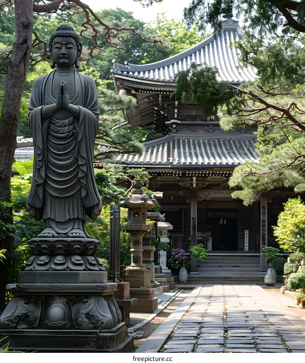 A stone statue of Buddha in front of a Japanese temple