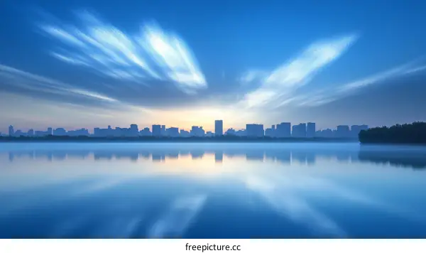 Sunrise Cityscape over Calm Water