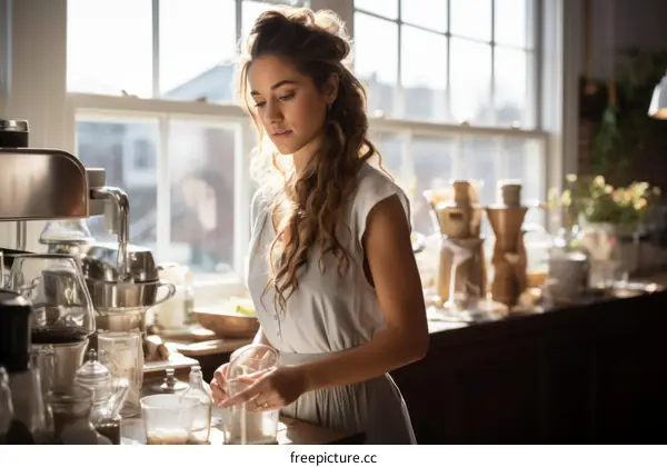 Young woman measuring ingredients in a sunlit kitchen