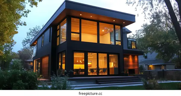 Modern Black House With Large Windows and Wooden Accents