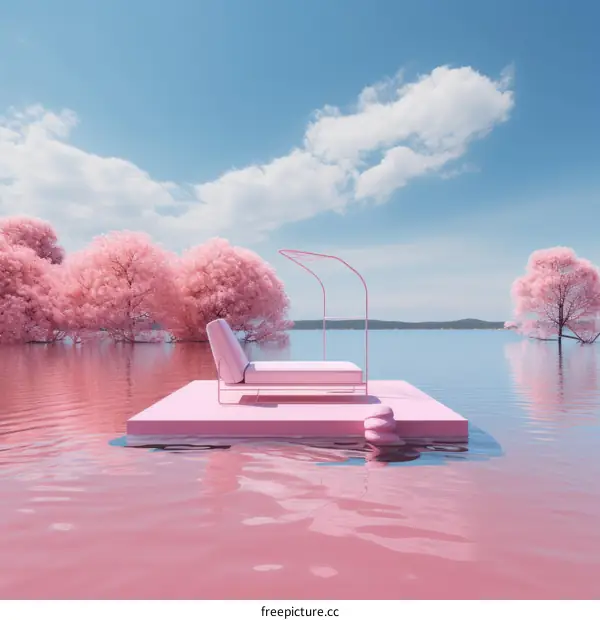 Surreal Pink Landscape with Floating Bed
