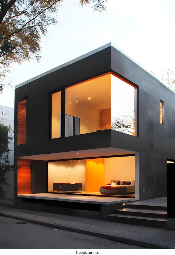 Modern Black House with Large Windows and Wooden Accents