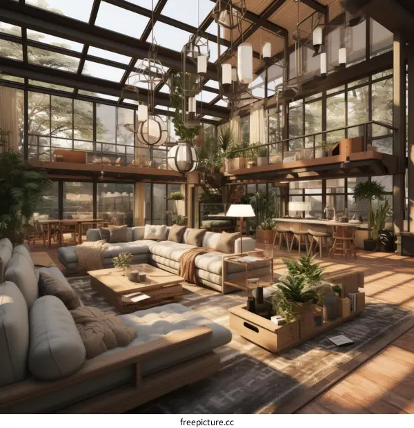 Huge living room with lots of plants and sunlight