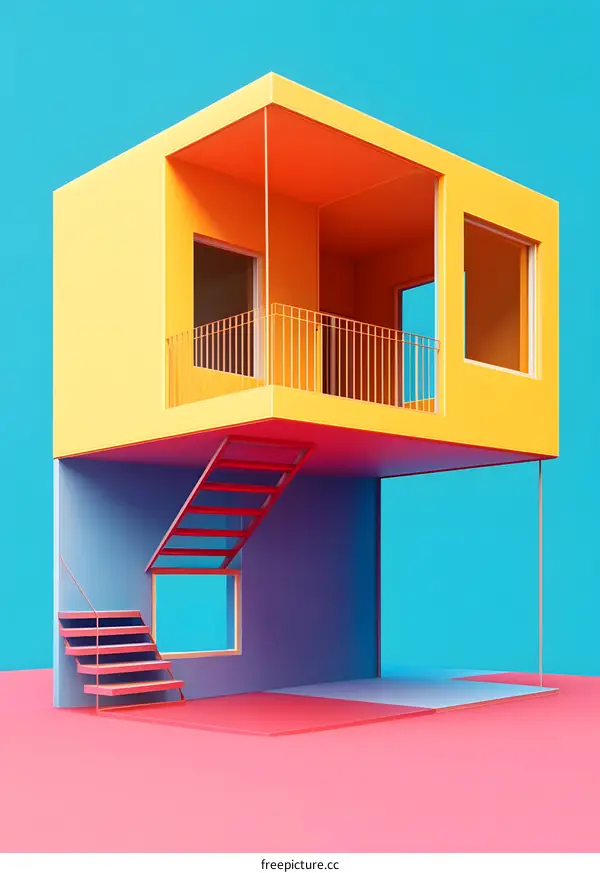 Minimalist 3D Illustration of a Yellow House With a Balcony and Stairs