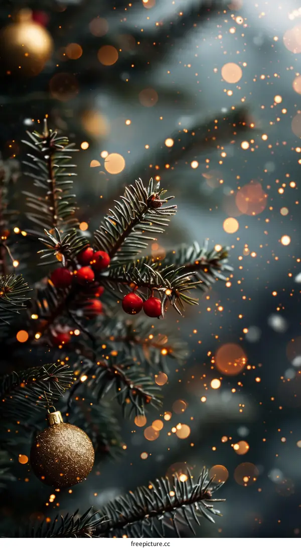 Christmas tree with red berries and golden bauble