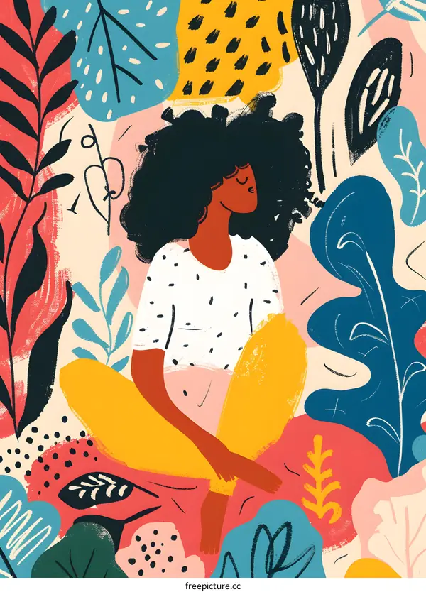 Woman Sitting in a Garden of Abstract Leaves