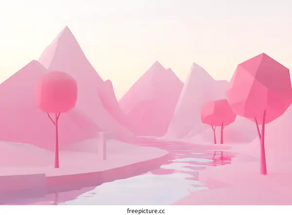 Low Poly Pink Mountains with River and Trees