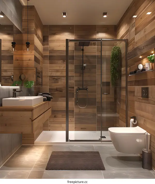 Bathroom with brown wood tiles