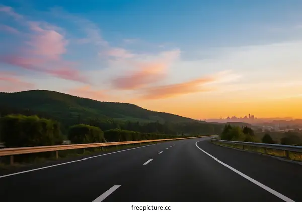 Scenic highway at sunset with beautiful sky and green hills