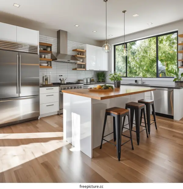 Modern Kitchen Interior with Stainless Steel Appliances and Central Island with Seating