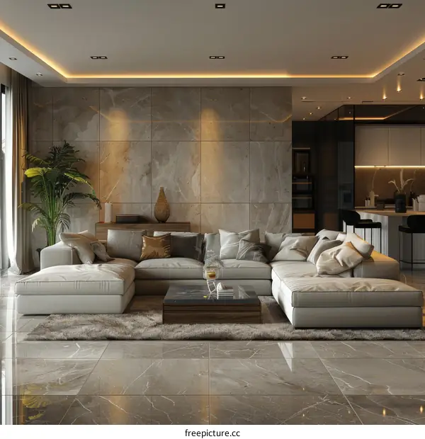 Modern, Minimalist Living Room with Upscale Décor & Open Kitchen