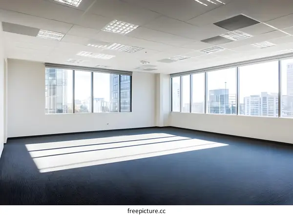 Empty Modern Office Space with Large Windows and City View