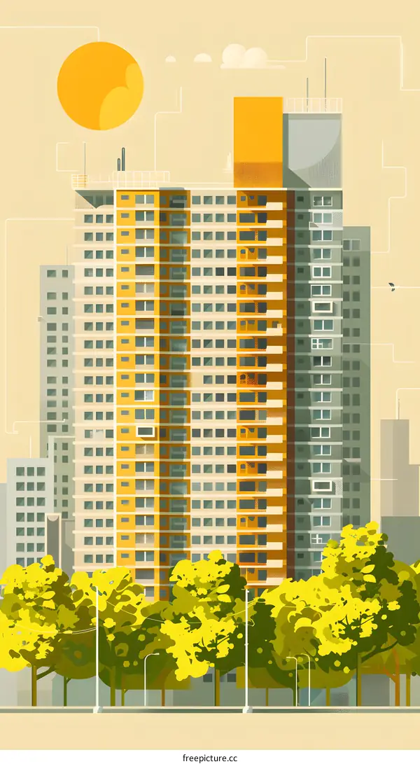 Modern Cityscape with High Rise Buildings and Trees