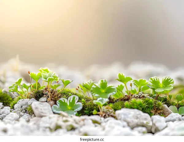 Close Up of Green Leaves and Moss Growing on Rocks
