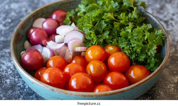 Fresh Vegetables and Herbs on a Blue Plate