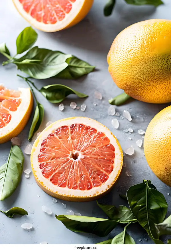 Fresh Grapefruit Slices with Green Leaves and Salt