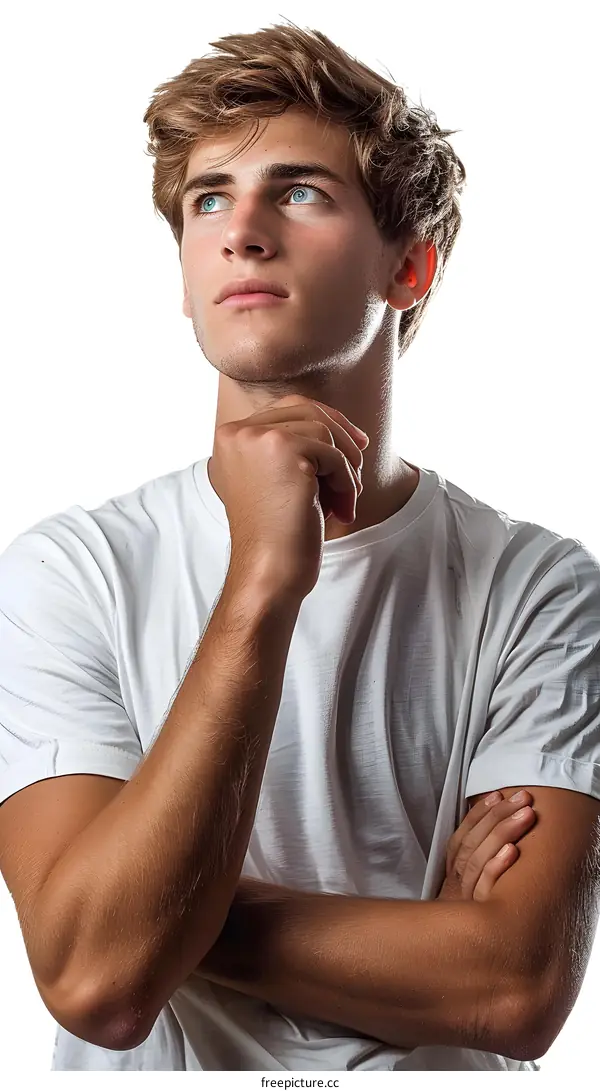 Portrait of a Young Man Looking Up in Thought