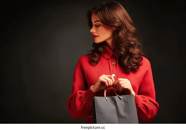 Woman in Red Sweater Holding Shopping Bag