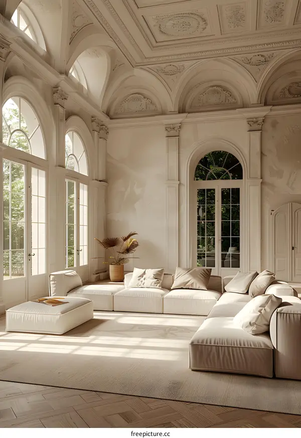 Modern White Sectional Sofa In A Large Room With Arch Windows And A Beige Rug