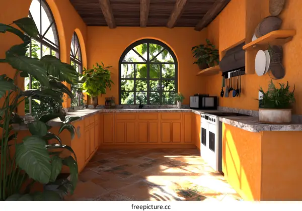 Orange Kitchen with Large Windows
