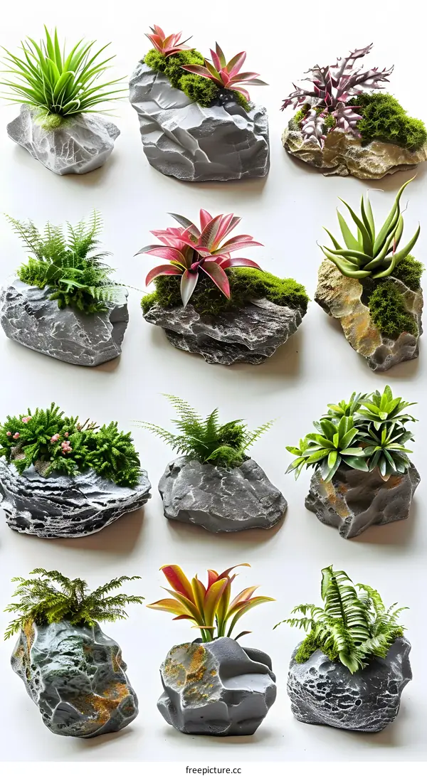 Miniature rock garden landscaping with various plants