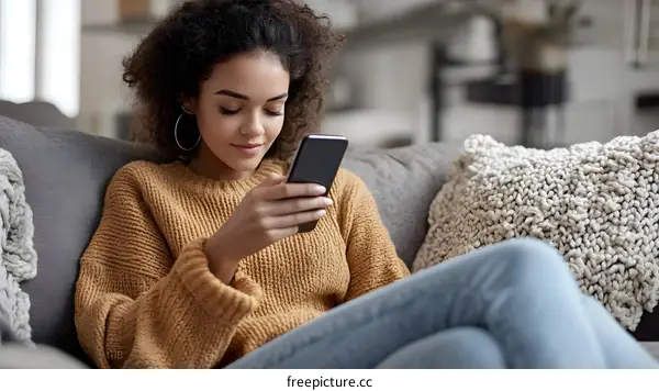 Young Woman Relaxing on Sofa Using Smartphone