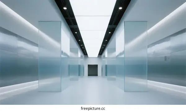 Minimalist Modern Corridor with Glass Walls and Ceiling Lights