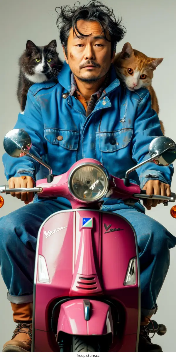 A man riding a pink Vespa scooter with two cats on his shoulders