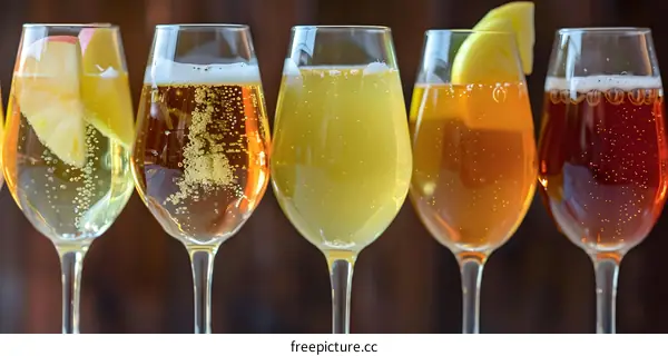 Five Glasses of Sparkling Wine With Fruit Garnish